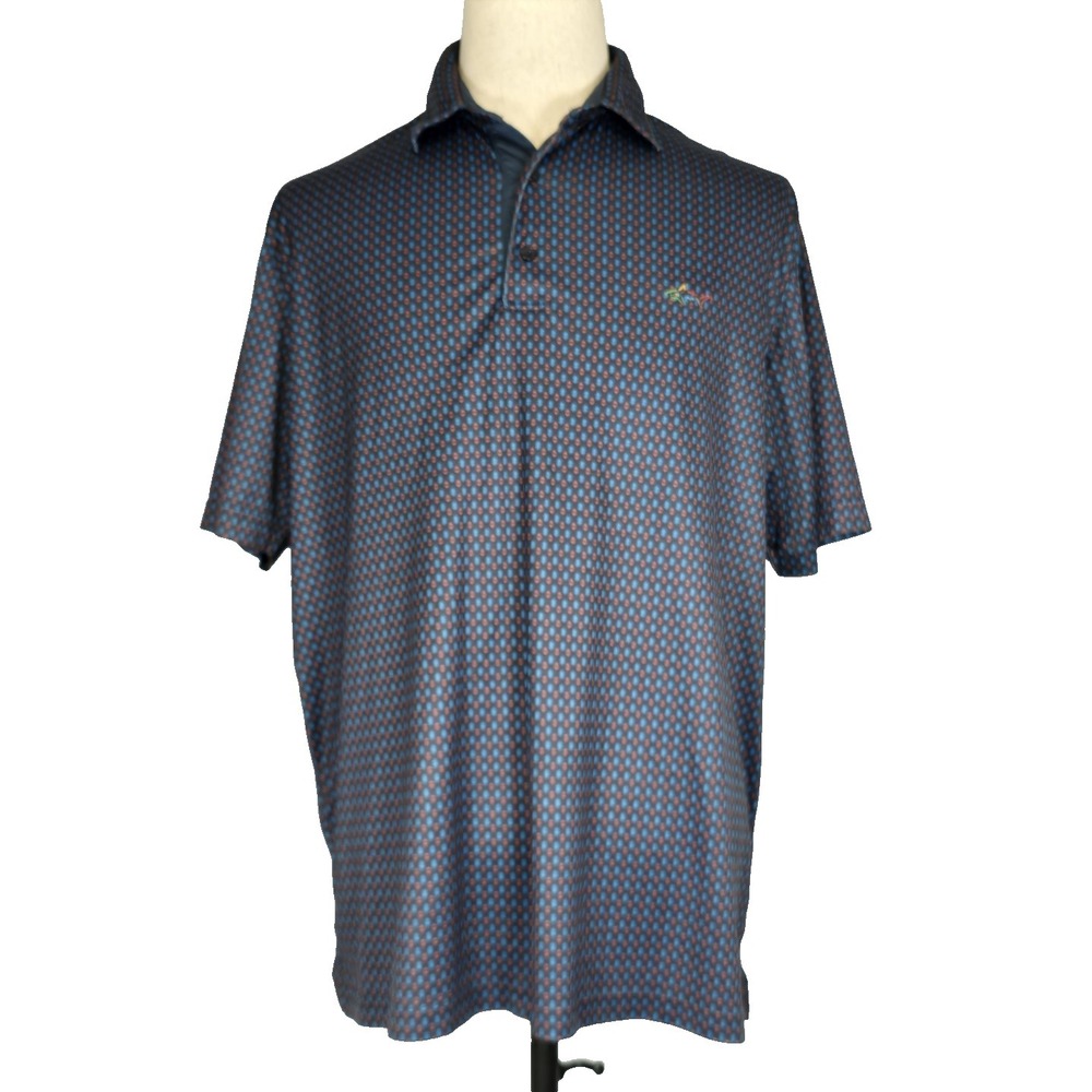 Greg Norman Mens Polo Shirt XL Play Dry Blue/Pink Print Multi-Color Shark Logo